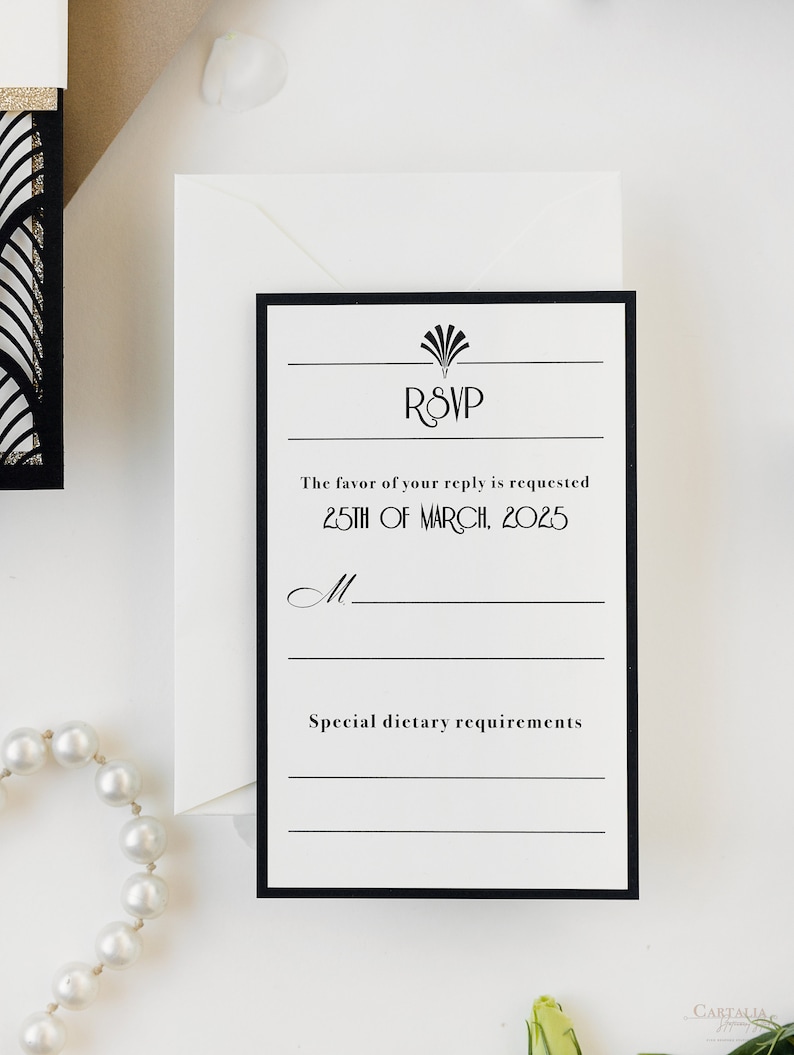 Black Laser cut, Art Deco, Gold Great Gatsby 1920's Personalized Gatefold Wedding Invitation, Glitter Custom Monogram & Envelope, Die Cut image 7