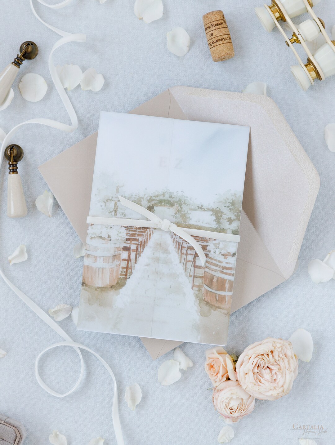 Custom Watercolour Venue Invitation on Vellum With Velvet Ribbon South