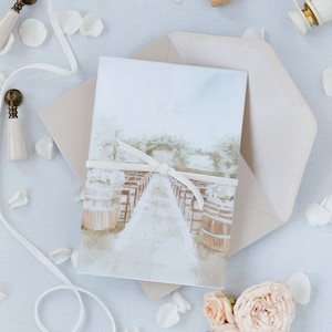 Custom Watercolour Venue Invitation on Vellum with Velvet Ribbon | South Coast Winery, Temecula | Wedding Day Invitation Suite