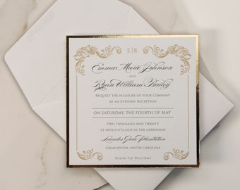Gold Luxury Regal Large Square Ivory Suite Wedding Invitation , Evening Invitation, Wedding Reception Card + Envelope , Elegant Wedding