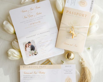 Nude Invite Gold Plane Luxury Passport Wedding Invitation Plane, Beige , Gold Foil Boarding Pass,Wedding Abroad, Destination Wedding, Travel