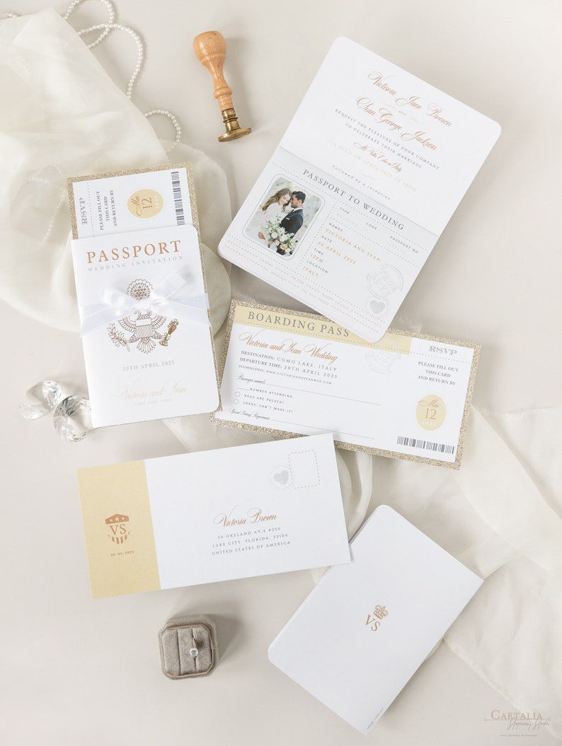 Luxury Passport Wedding Invitation Glitter Champagne and Gold Foil Boarding Pass Invite,Wedding Abroad, Destination Wedding, Travel, Ticket image 1