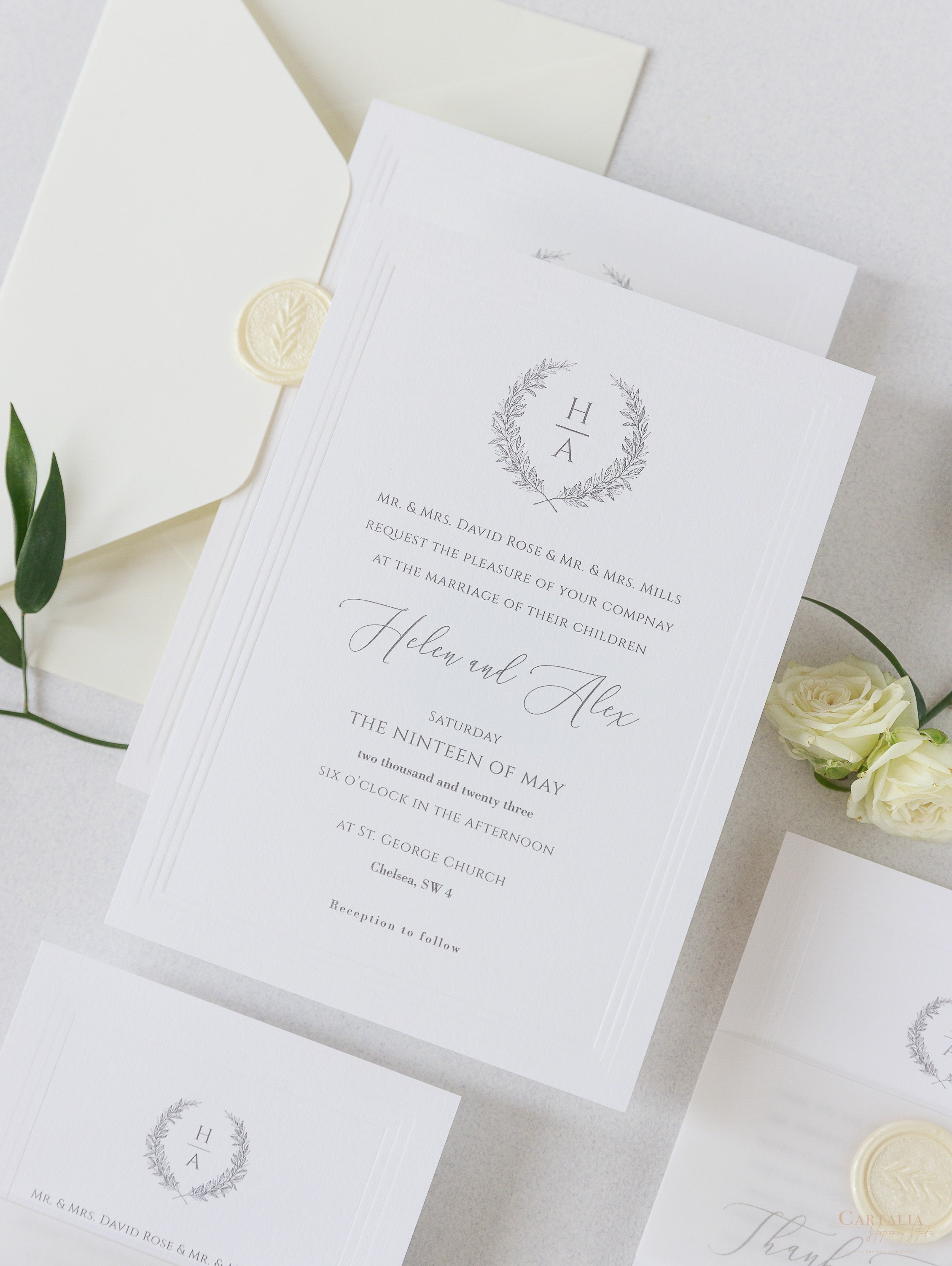 Triple Embossed Monogramed Gold Foil Pocket Wedding Invitation