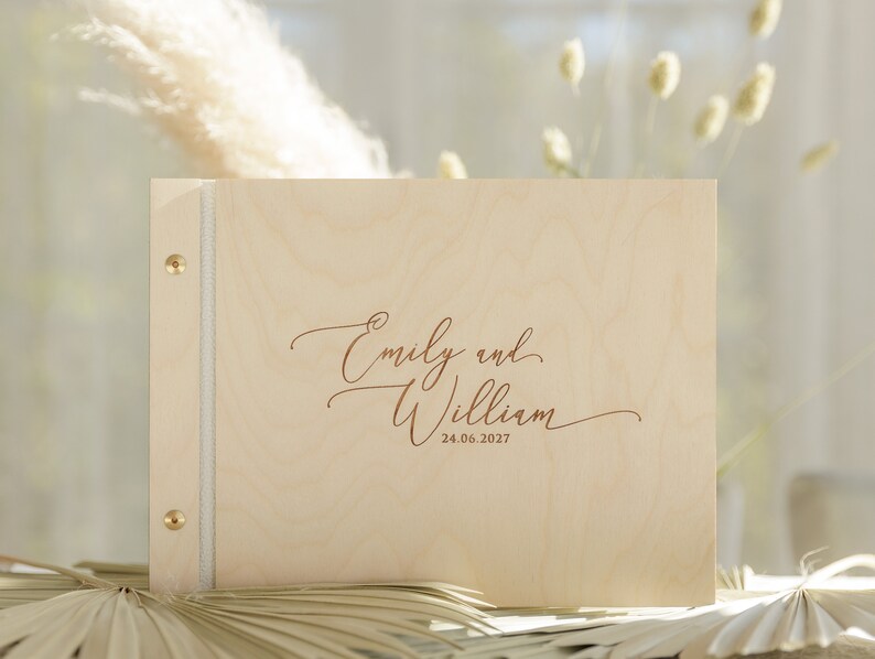 Wooden Guest Book with Your Names, Personalised Photo Album , Modern Wedding Keepsake , Guest Book with Custom Engraving image 1