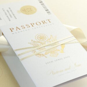 USA Passport Wedding Invitation Champagne & Gold Foil, Boarding Pass Invite,Wedding Abroad,Destination Wedding,Travel Wedding, Plane Ticket