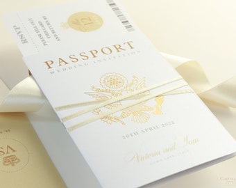 USA Passport Wedding Invitation Champagne & Gold Foil, Boarding Pass Invite,Wedding Abroad,Destination Wedding,Travel Wedding, Plane Ticket