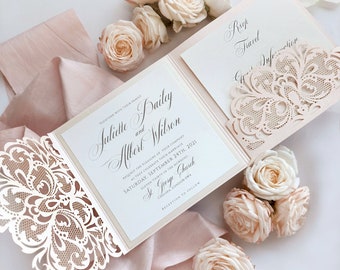 Laser Cut Pocket Fold Luxury Wedding Invitation in Blush and Champagne with 3 Inserts: RSVP with Envelope, Travel, Guest Info Wedding Card