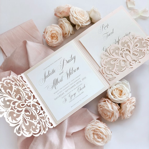 Laser Cut Pocket Fold Luxury Wedding Invitation in Blush and