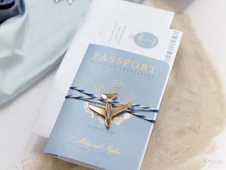 Santorini Blue Invite Luxury Passport Wedding Invitation Plane Engraved, Gold Foil Boarding Pass,Wedding Abroad, Destination Wedding, Travel image 10