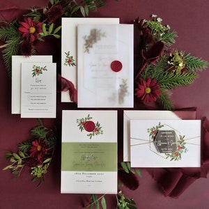 Maretak Kus | Kerst bruiloft uitnodigingen met wax seal monogram perkament suite, winter bruiloft, dag uitnodigingen, avond receptie