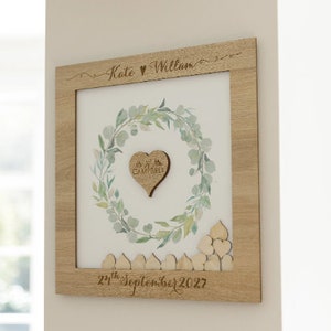 Large Classic Lightened Oak Rustic Elegant Alternative Personalised drop box Oak frame Wedding Guest Book with Hearts and Burlap Pouch Frame image 2