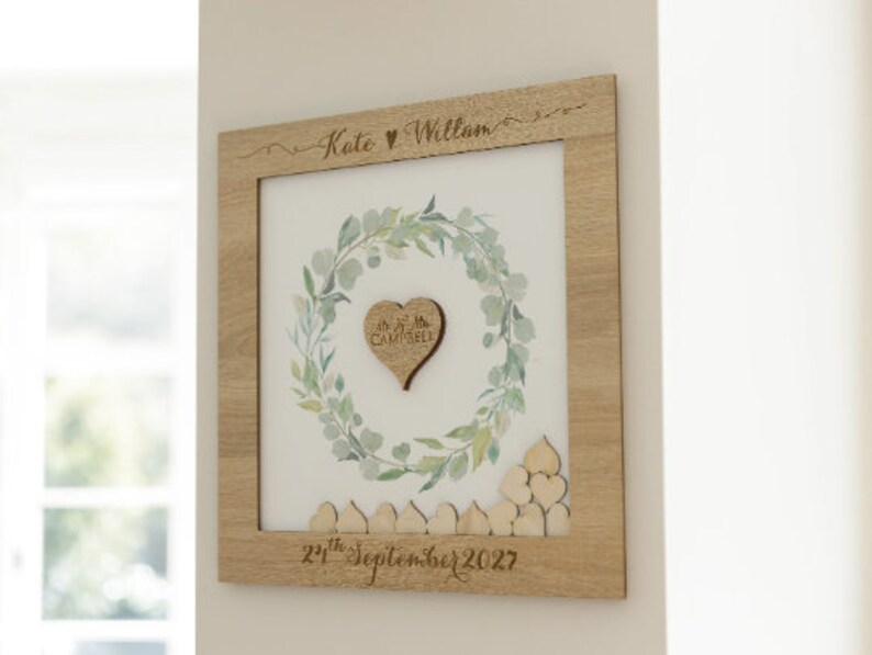 Large Classic Lightened Oak Rustic Elegant Alternative Personalised drop box Oak frame Wedding Guest Book with Hearts and Burlap Pouch Frame image 2