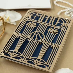 Great Gatsby Style Menu, Bespoke Laser Cut Menu, Event Menu, Gatefold Menu , Wedding Folded Menu, Golden Art Deco Menu, 20's Menu, 20's Menu