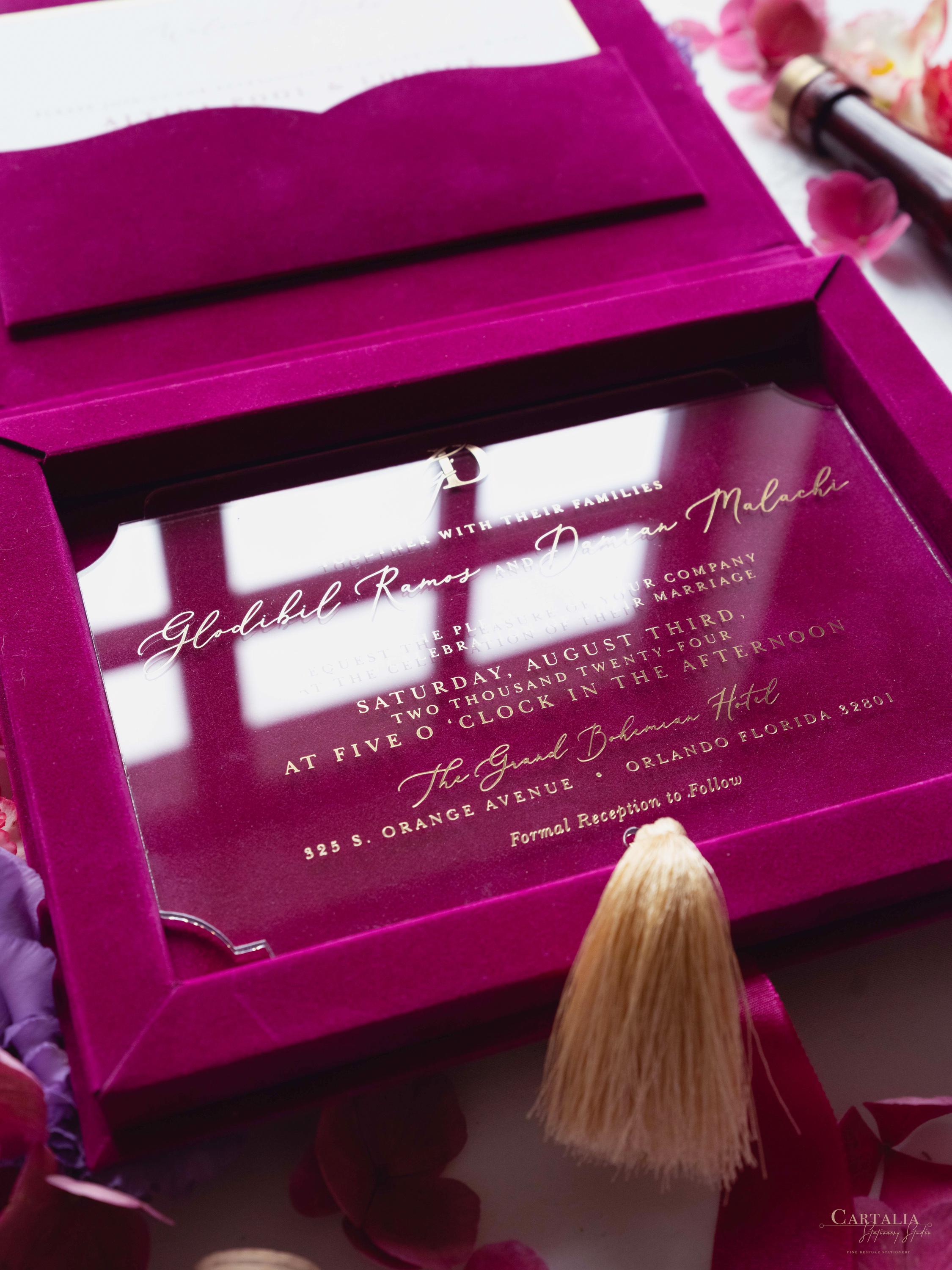 Luxury Boxed Wedding Invitation in Premium Velvet in Fuchsia Pink ...