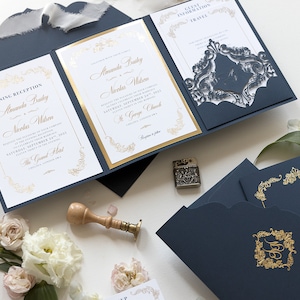 Luxury Navy & Gold Classic Pocket Suite with Gold Foil and Wedding with 3 inserts Tri Fold , Pocketfold Invitations, Wedding Folder Invite