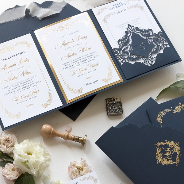 Luxus Navy & Gold Classic Pocket Suite mit Goldfolie und Hochzeit mit 3 Einsätzen Tri Fold, Pocketfold-Einladungen, Hochzeitsordnerinvite