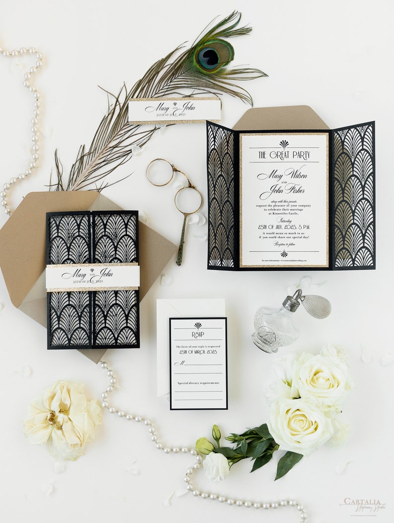 Black Laser cut, Art Deco, Gold Great Gatsby 1920's Personalized Gatefold Wedding Invitation, Glitter Custom Monogram & Envelope, Die Cut image 8