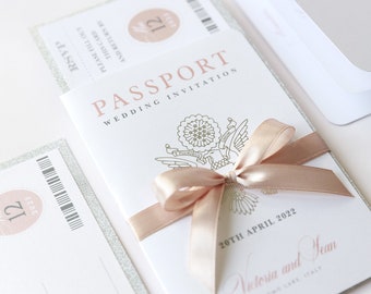 Luxury Passport Wedding Invitation Bow Glitter Real Foil + Rsvp Boarding Pass Invite,Wedding Abroad,Destination Wedding,Travel,Ticket