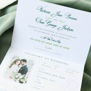 Sage Green Invite Luxury Passport Wedding Invitation Plane Engraved, Gold Foil Boarding Pass,Wedding Abroad, Destination Wedding, Travel image 5