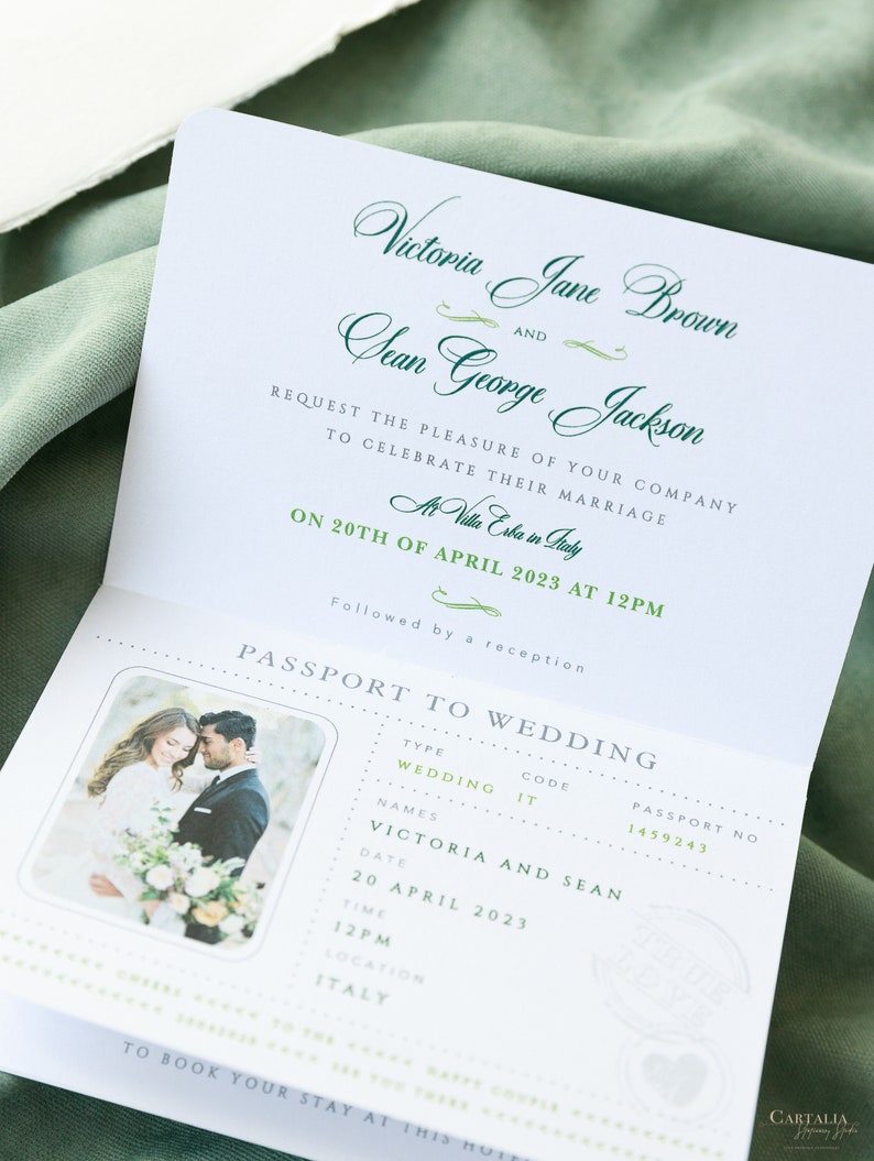 Sage Green Invite Luxury Passport Wedding Invitation Plane Engraved, Gold Foil Boarding Pass,Wedding Abroad, Destination Wedding, Travel image 5