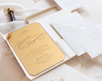Luxury Boxed Wedding Invitation Pocket Envelope & Wax Seal and Modern Mirror Gold Plexi Wedding Invitation with Rsvp and Menu Options