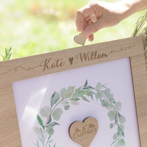 Large Classic Lightened Oak Rustic Elegant Alternative Personalised drop box Oak frame Wedding Guest Book with Hearts and Burlap Pouch Frame image 3