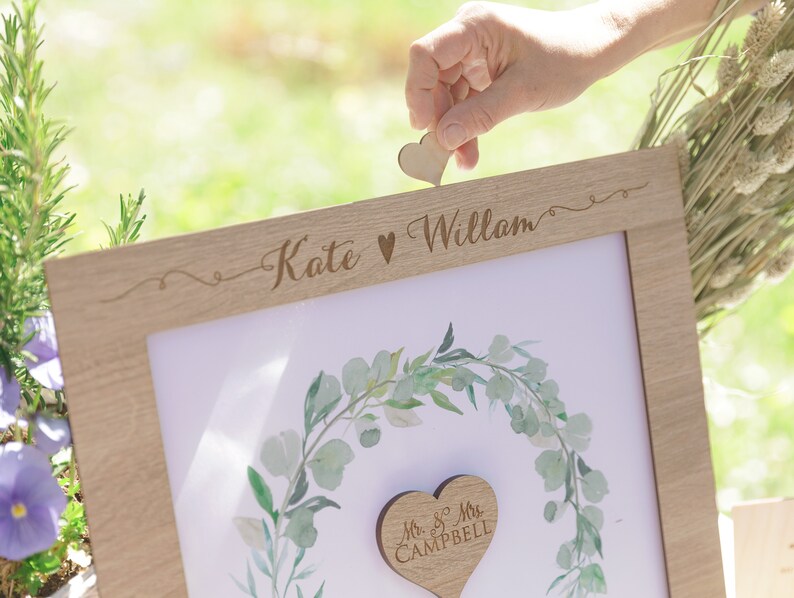 Large Classic Lightened Oak Rustic Elegant Alternative Personalised drop box Oak frame Wedding Guest Book with Hearts and Burlap Pouch Frame image 3