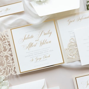May include: A wedding invitation with a gold and white color scheme. The invitation features a laser-cut design with a floral pattern. The text on the invitation reads "Together with their family, Juliette Bailey and Albert Wilson request the pleasure of your company as they celebrate their marriage, Saturday, September 24th, 2024, Eleven Thirty in the Morning, St. George Church, Chelsea London SW1, Reception to follow."