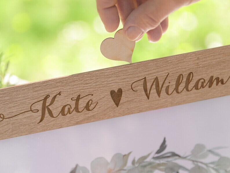 Large Classic Lightened Oak Rustic Elegant Alternative Personalised drop box Oak frame Wedding Guest Book with Hearts and Burlap Pouch Frame image 4