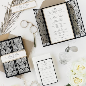 Black Laser cut, Art Deco, Gold Great Gatsby 1920's Personalized Gatefold Wedding Invitation, Glitter Custom Monogram & Envelope, Die Cut Invitation & Rsvp