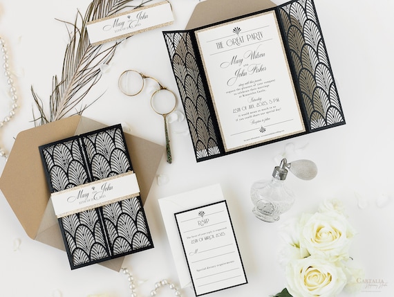 Black Laser cut, Art Deco, Gold Great Gatsby 1920's Personalized Gatefold Wedding Invitation, Glitter Custom Monogram & Envelope, Die Cut