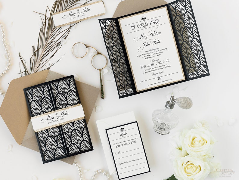 Black Laser cut, Art Deco, Gold Great Gatsby 1920's Personalized Gatefold Wedding Invitation, Glitter Custom Monogram & Envelope, Die Cut Invitation & Rsvp