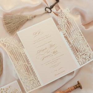 Luxury Foil Laser Cut Wedding Invitation Ornamental Gatefold Blush with Gold foil , Monogram Design, Grey Wedding, Gold, Gate with Envelopes