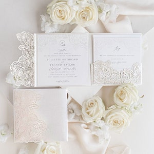 Intricate Quartz Roses Laser Cut Pocket Folder with Rsvp Card Luxury Wedding Invitation Wedding Suite in Blush & Pearl White Foil