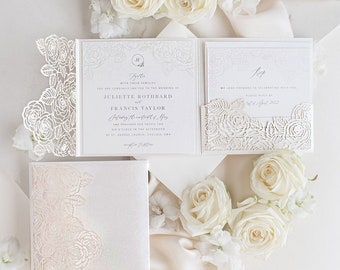 Intricate Quartz Roses Laser Cut Pocket Folder with Rsvp Card Luxury Wedding Invitation Wedding Suite in Blush & Pearl White Foil