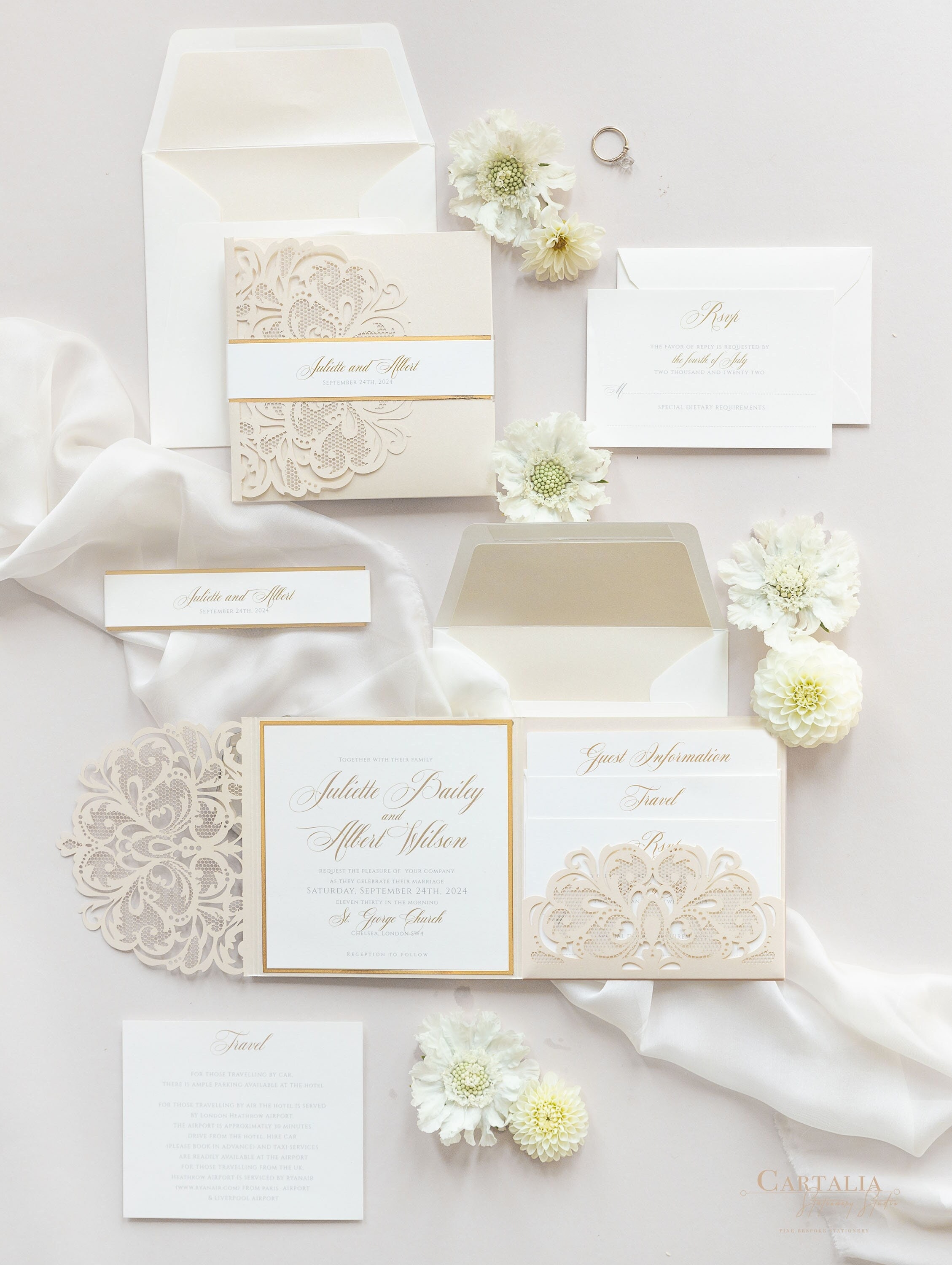 Navy Blue Square Elegant Wedding Invitations with Envelopes Laser Cut Cards Floral Lace DIY set with Cream Insert and Gold Glitter PRE-PRINTED SAMPLE! 