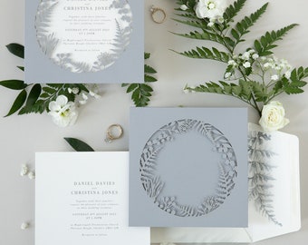 Forest Green Wedding Invitations with Laser Cut Fern Rustic Wedding Boho Style Wedding Cards Wedding Pocket Invitation & Envelope with Liner