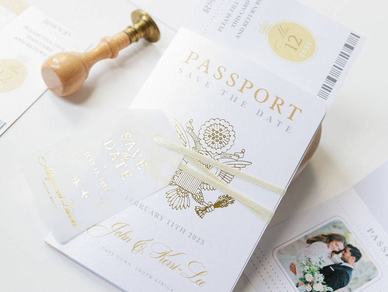 Passport Wedding Save the Date Vellum with Gold Foil Boarding Pass,Wedding Abroad, Destination Wedding, Travel Wedding, Plane Ticket image 1