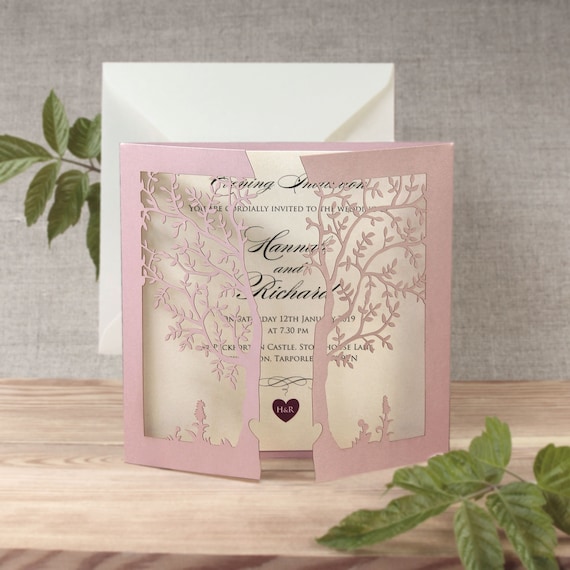 Pink Pearlised Laser Cut Tree Card Bespoke Invitation with Text Printed and Personalisation + Envelopes , Wedding Invitations , Day Invite