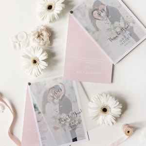 Biglietto di ringraziamento con foto, in lamina d'oro rosa, in pergamena per matrimonio, sovrapposizione di pergamena, verticale, orizzontale, unico, regalo di ringraziamento per matrimonio + busta