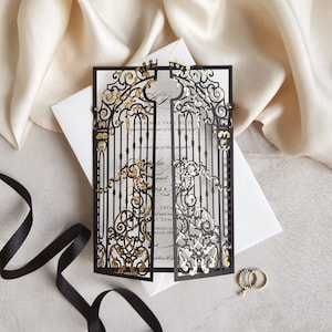 Luxury Foil Grey Laser Cut Wedding Invitation Ornamental Gatefold with Gold foil, Monogram Design, Grey Wedding, Gate with Envelopes