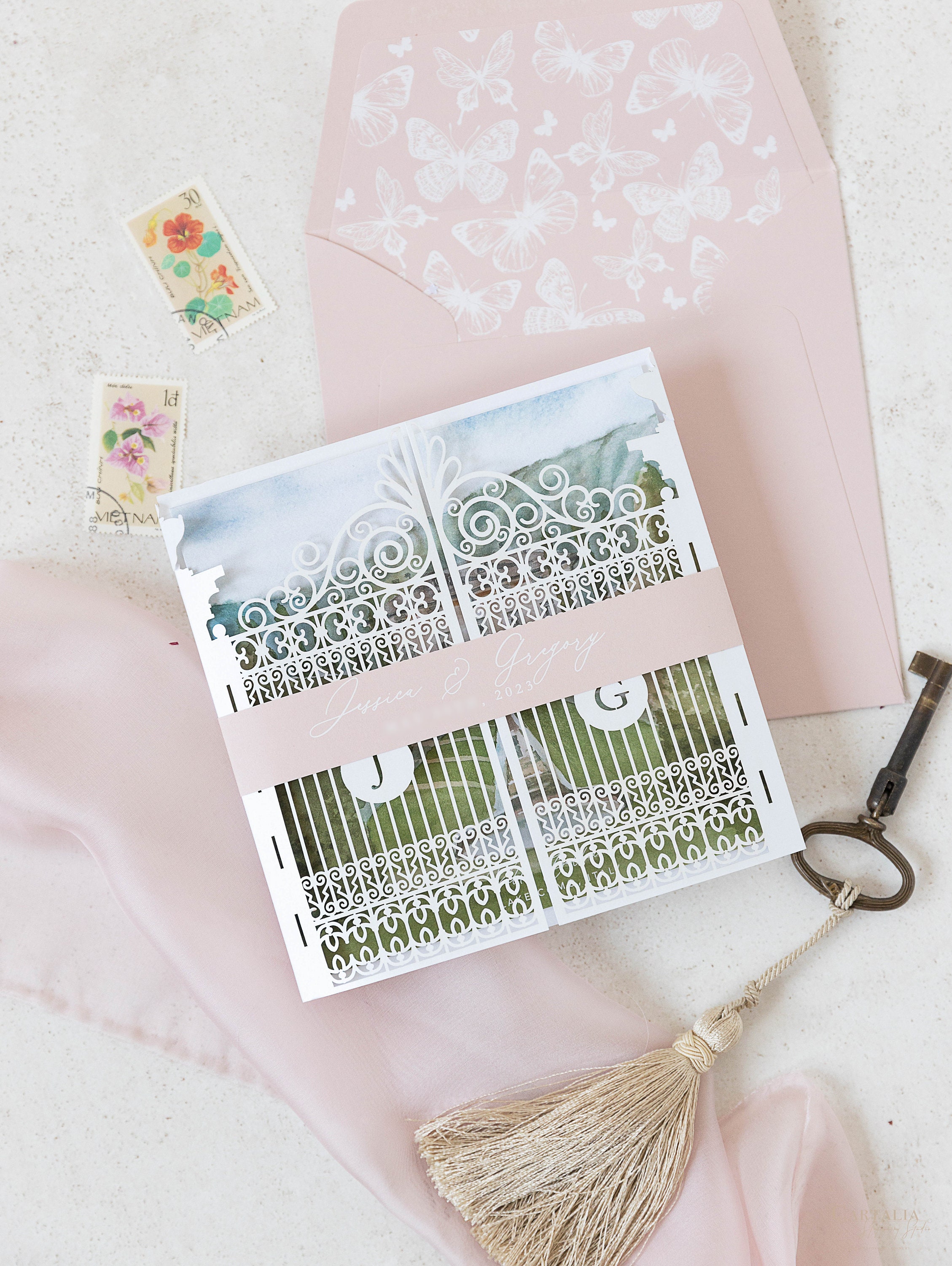 Villa Balbiano,Lake Como Luxury Save the Date Wedding Invitations , Laser cut Gate, Original Watercolor of Villa Balbiano Lake Como, Italy