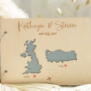 Houten bruiloft gastenboek met aangepaste wereldkaart, natuurlijk hout, bestemming trouwalbum, bruiloft in het buitenland, reisthemaboek