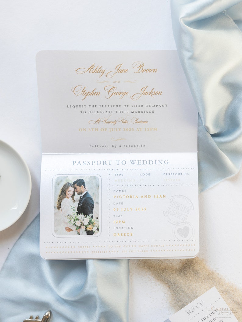 Santorini Blue Invite Luxury Passport Wedding Invitation Plane Engraved, Gold Foil Boarding Pass,Wedding Abroad, Destination Wedding, Travel image 4