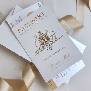 Australian Passport Wedding Invitation Champagne & Gold Foil Boarding Pass Invite,Wedding Abroad, Destination Wedding, Travel Wedding,Ticket image 1