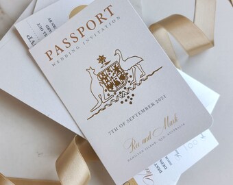 Australian Passport Wedding Invitation Champagne & Gold Foil Boarding Pass Invite,Wedding Abroad, Destination Wedding, Travel Wedding,Ticket