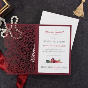 Bordeaux Laser Cut Avond Uitnodiging, Bruiloft Uitnodigingen, Avond Receptie Uitnodigingen, Bruiloft Receptie Kaarten, Elegante Uitnodigingen