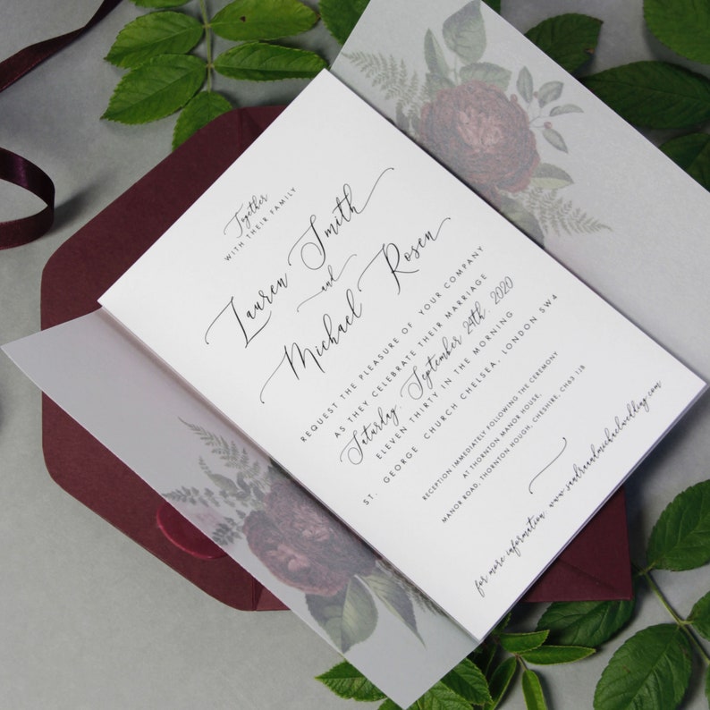 Wax Seal Burgundy Marsala Wedding Invitation Calligraphy Vellum Parchment Sleeve Floral Wedding Invite Folder with RSVP Custom Envelope image 6