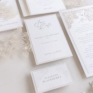 Rose Detail Laser Cut, Elegant Wedding Card Pearl Foil with Intricate Laser Cut Die Cut Rose Detail Wrap Day Invitation Envelopes image 8