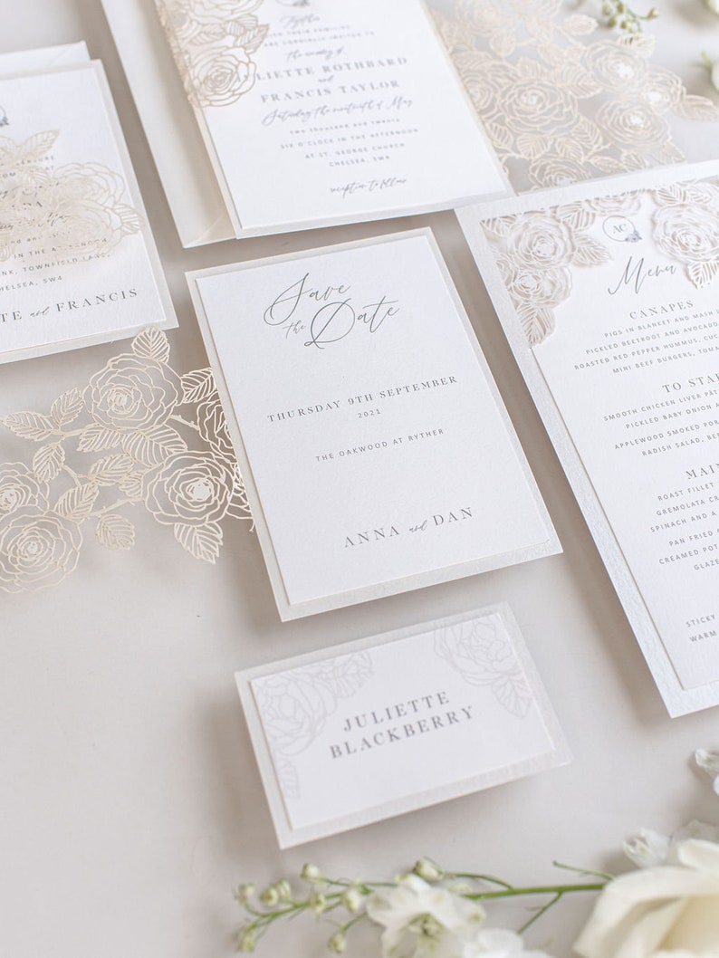 Rose Detail Laser Cut, Elegant Wedding Card Pearl Foil with Intricate Laser Cut Die Cut Rose Detail Wrap Day Invitation Envelopes image 8